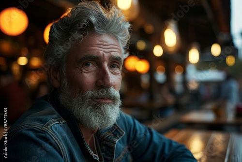 Portrait of an old man with a gray beard and mustache in a denim jacket sitting in a pub.