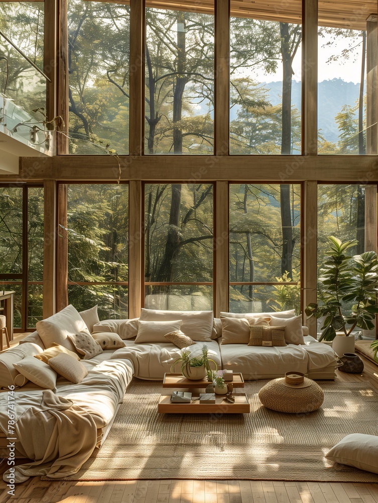 Cozy Modern Living Room with Forest View