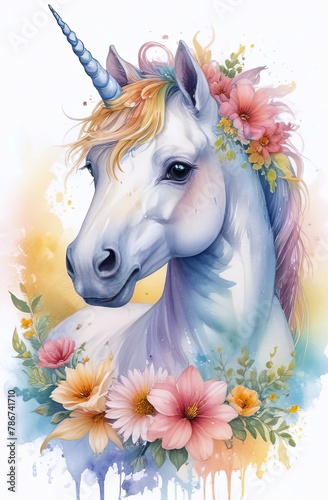 white unicorn with golden horn, multicolored mane and bright flowers woven into it against white background. concepts: day of unicorn, unicorn day, fantasy book cover, magic, dreams, imagination.