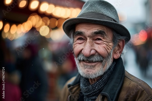 Portrait of an old man on the background of the Christmas market