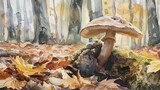 Watercolor, Mushroom cap in forest, close up, autumn leaves, soft light 