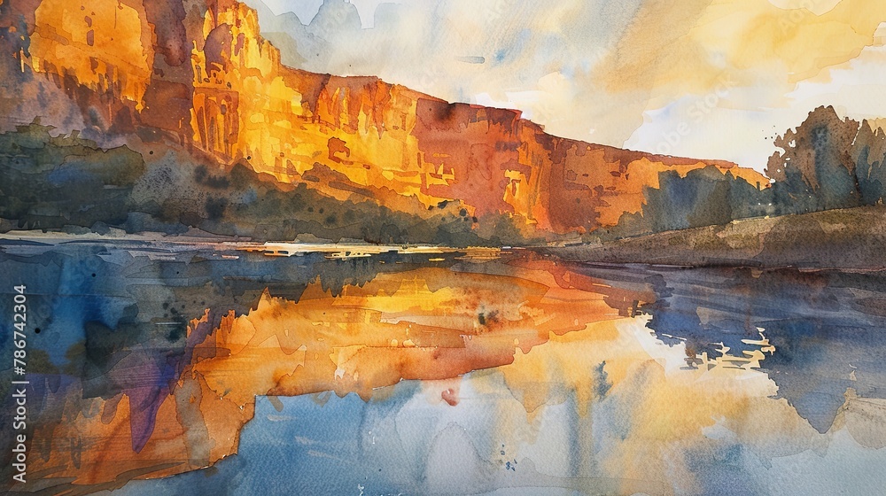 Watercolor, Golden hour on cliffs, close up, reflection in calm river, serene 