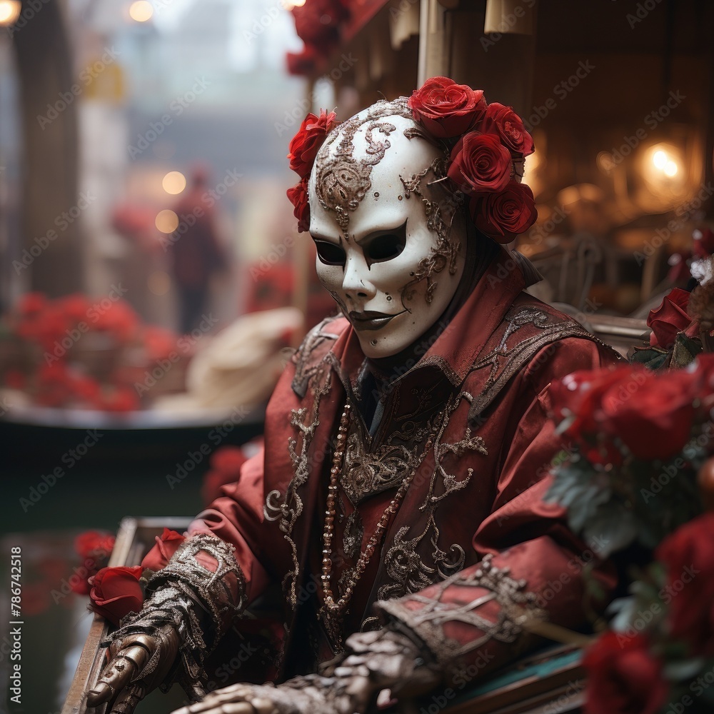 A man wearing a white mask with red roses in his hair and a red and gold outfit is sitting in a gondola.
