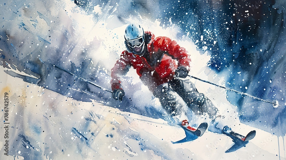 Watercolor, Skier carving through fresh powder, close up, snow spray, morning light 