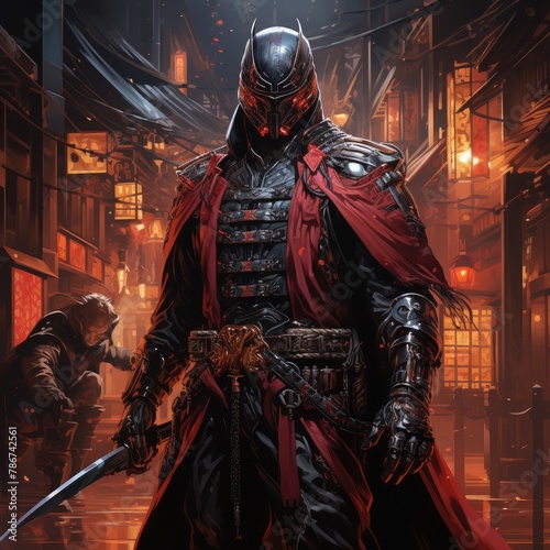 A samurai wearing a batman-like helmet and red armor stands in a dark alleyway, ready to attack an enemy.