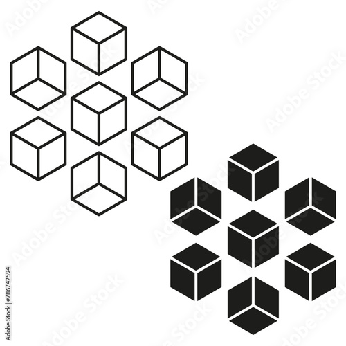 3D cubes pattern. Isometric shapes on white. Graphic elements set. Vector illustration. EPS 10.