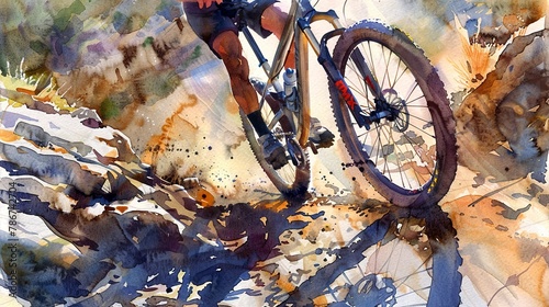 Watercolor, Biker's shadow on rocky trail, close up, sunrise, dynamic angle