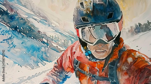 Watercolor, Helmet cam view, close up, steep descent, adrenaline surge 