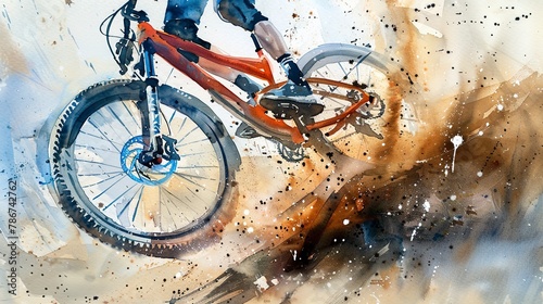 Watercolor, Bike suspension in action, close up, high speed, dust flying
