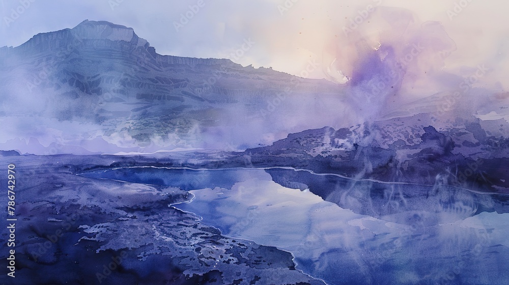 Watercolor, Mountain hot spring, close up, steam rising, twilight ambiance Watercolor, Mountain hot spring, close up, steam rising, twilight ambiance