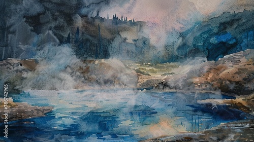 Watercolor, Mountain hot spring, close up, steam rising, twilight ambiance 