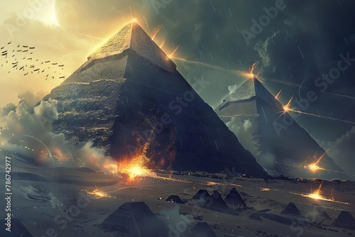 alien spaceships invading ancient egyptian pyramids mysterious glowing runes dark fantasy concept art photo