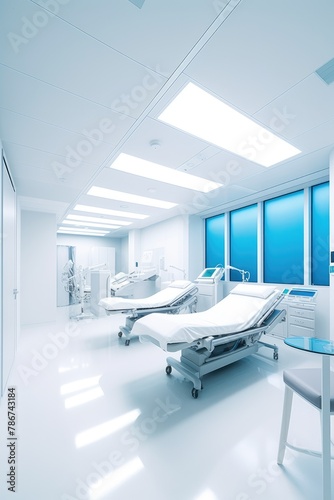Recovery Room with beds and comfortable medical bed. Interior of an empty hospital room.