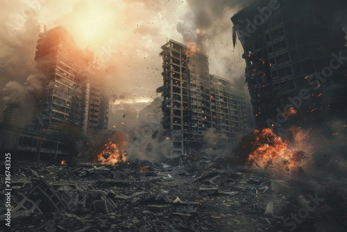 apocalyptic city destruction scene with crumbling buildings and debris dramatic concept art