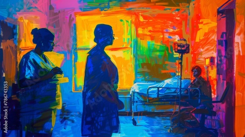 A health services manager overseeing a patient care unit, in a vivid, expressionist painting style.