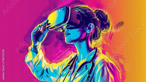 A health services manager using VR to simulate hospital management scenarios  in a vibrant pop art style.