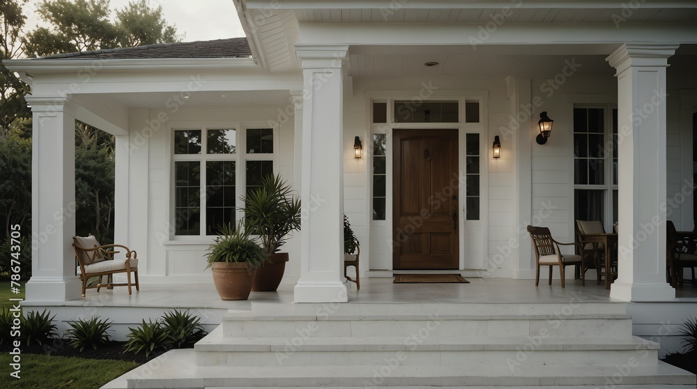 Naklejka premium white theme luxury home with front porch facade from Generative AI
