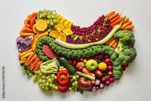 artistic representation of stomach made from vibrant fruits and vegetables isolated on white food art