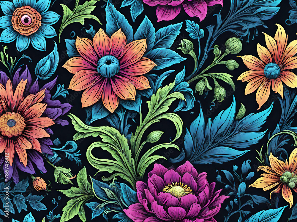 colorful flowers and leaves pattern on black background 