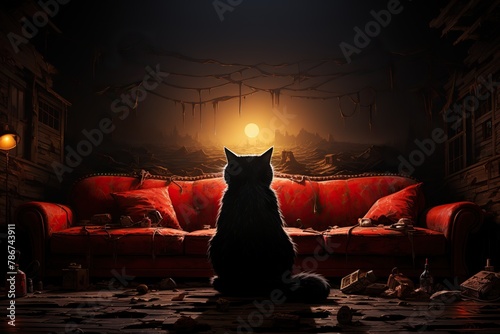 black cat on a couch, apocalyptic sunset background, illustration