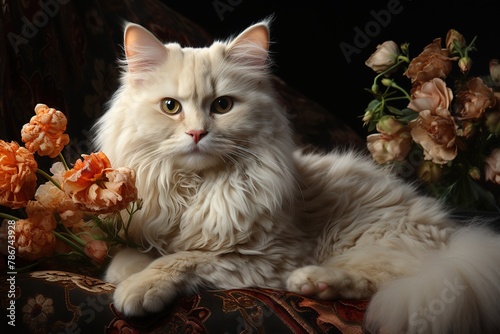 beautiful white cat with flowers, illustration