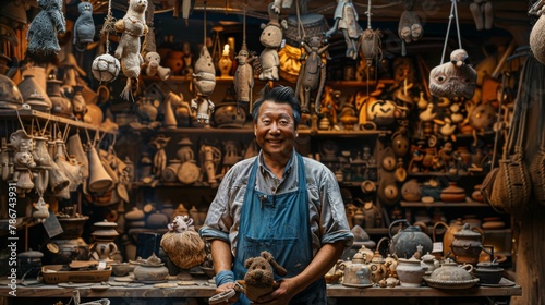 A puppet maker in a magical workshop, surrounded by whimsical, hand-carved puppets hanging from the ceiling. photo