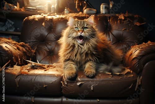 a cat meowing on a torn sofa, illustration photo