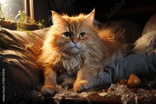 a cat on a torn sofa, illustration