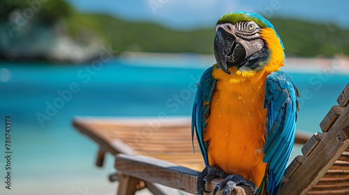 A blue and yellow macaw perched