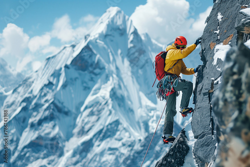 Mountain Climbing copy-space, mountaineer ascending the peak, embodying the essence of mountaineering, sport, and adventure