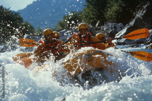 Rafting the rapids of a river, embracing teamwork, sport, and adventure amidst the majestic mountain scenery © Simn