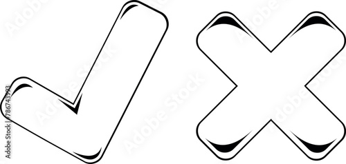 vector drawing illustration checklist or checkmark and cross symbol, drawn in black and white color