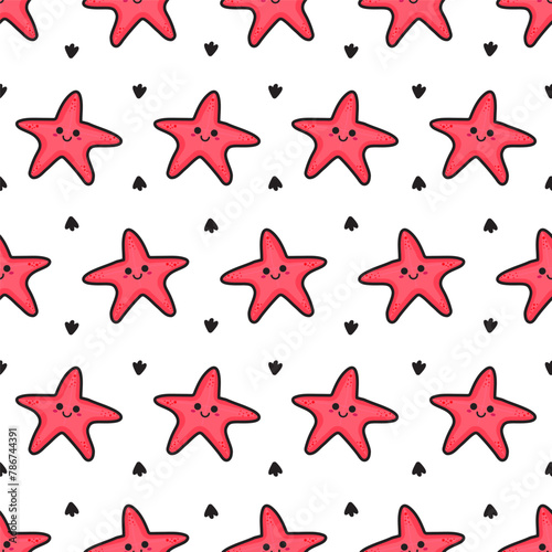 Abstract pattern with cute starfish in borderless flat style