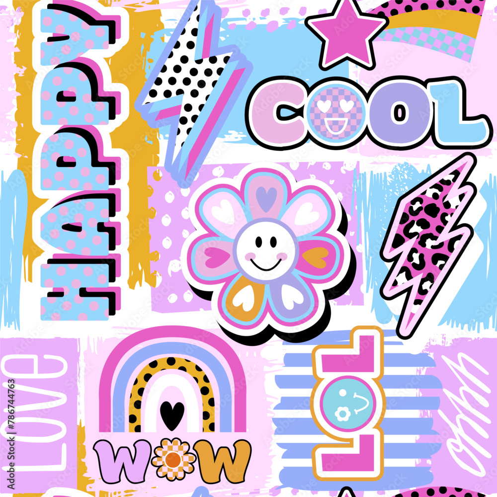 Abstract seamless chaotic pattern with groovy retro elements, words, heart, lips, stickers. Funny texture background. Wallpaper cool teen style	
