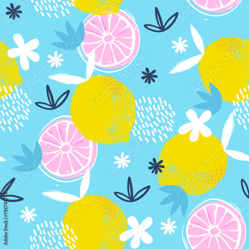 Fashion tropics funny background. Seamless pattern with orange and lemon. Bright summer fruits illustration. Fruit mix design for fabric and decor
