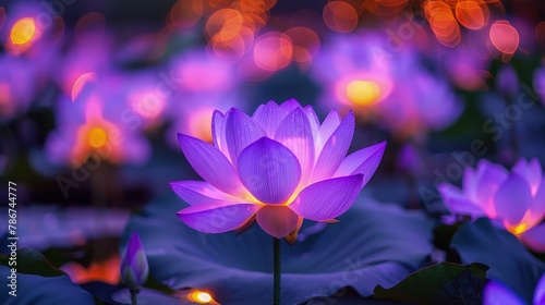 Picture a stunning composition featuring a radiant purple lotus flower bathed in the golden glow of lights, set against a backdrop of bokeh background. 