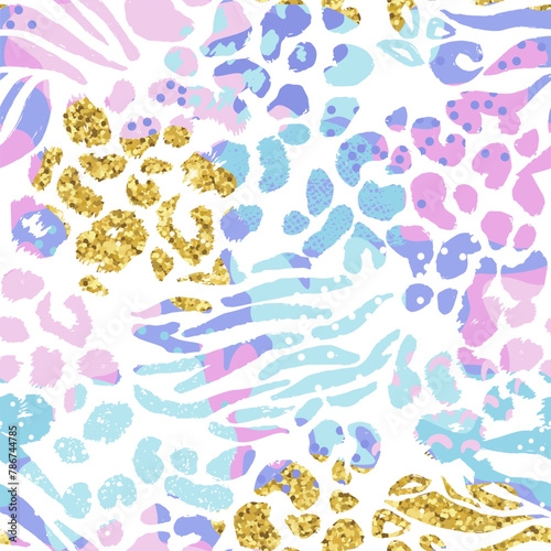 Abstract seamless chaotic leopard print with gold glitter. Colourful texture background. Wallpaper for girls. Fashion style animal pattern