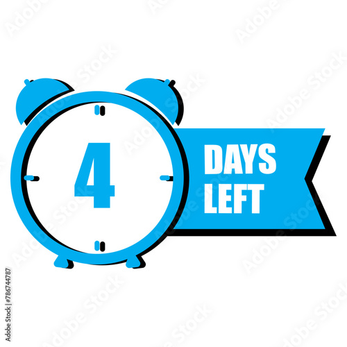 Blue alarm clock. Four-day countdown. Time management symbol. Deadline reminder icon. Vector illustration. EPS 10.