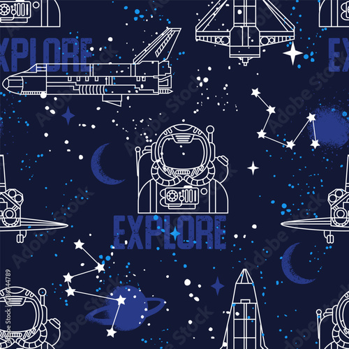 Fototapeta Naklejka Na Ścianę i Meble -  Hand drawn space seamless pattern.  Vector doodle illustration. Background for boys with cartoon rockets, planets, stars, spaceship and astronaut