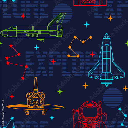 Space seamless pattern.  Vector color illustration. Background for boys with rockets, planets, stars, spaceship. Dark blue background