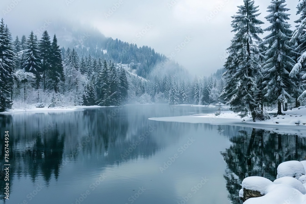 calm winter landscape with frozen lake and snowcovered trees serene nature scenery