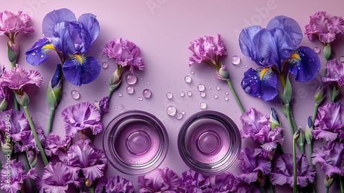Two glasse with water and card note with iris flowers on pastel lilac background. Summer refreshment concept. Sunlit flat lay. Minimal style. Top view
