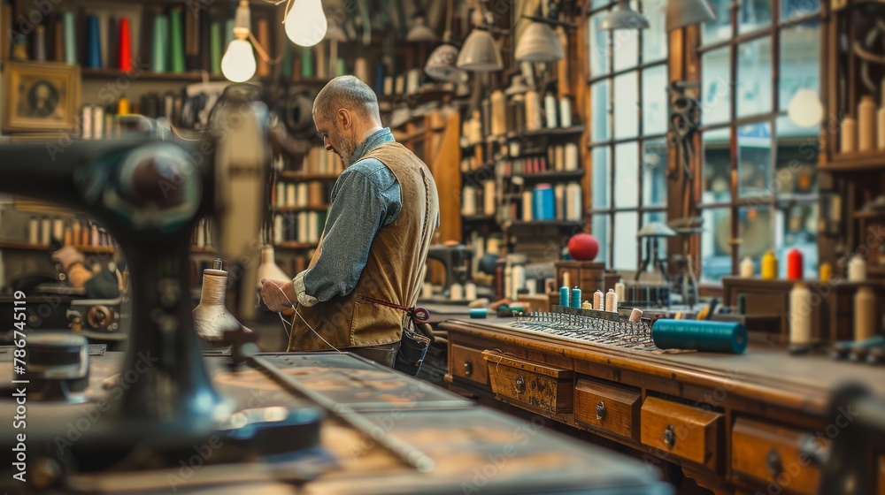 A tailor workshop with the artisan measuring fabric on a mannequin, vintage sewing machines and spools of thread visible. A tailor workshop with the artisan measuring fabric on a mannequin, vintage sewing machines and spools of thread visible.