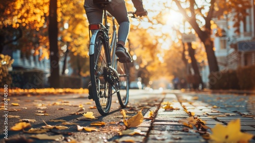 A person using a bicycle for their daily commute through a leafy, bicycle-friendly city, emphasizing the health and environmental benefits of choosing pedal power over fossil fuels. photo