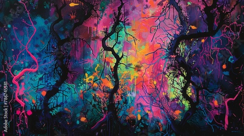 Abstract art depicting the sensation of anxiety as a tangled forest of thorn-covered vines in glaring, neon colors.