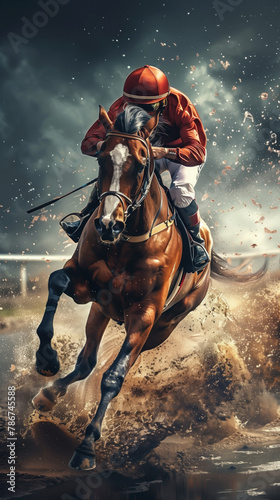 A horse is running in the mud, sand with a jockey on its back. Jockey is wearing red and white and winning a race. Concept of racing, gambling, sports, equestrian, derby.