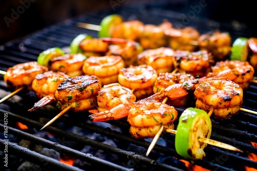 Close-up of grill with shrimp and vegetables on it