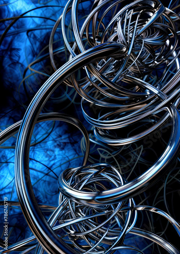 shiny chrome blue gray metallic wire loops  3D twisted entangled wire  smooth dense complex pattern