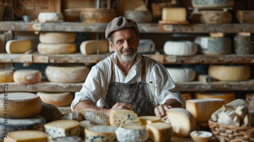 An artisanal cheese maker in a rustic dairy, crafting wheels of cheese by hand, aging shelves in the background.
