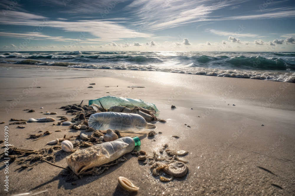 Fototapeta premium Plastic pollution on the beach. Pollution of the environment concept.